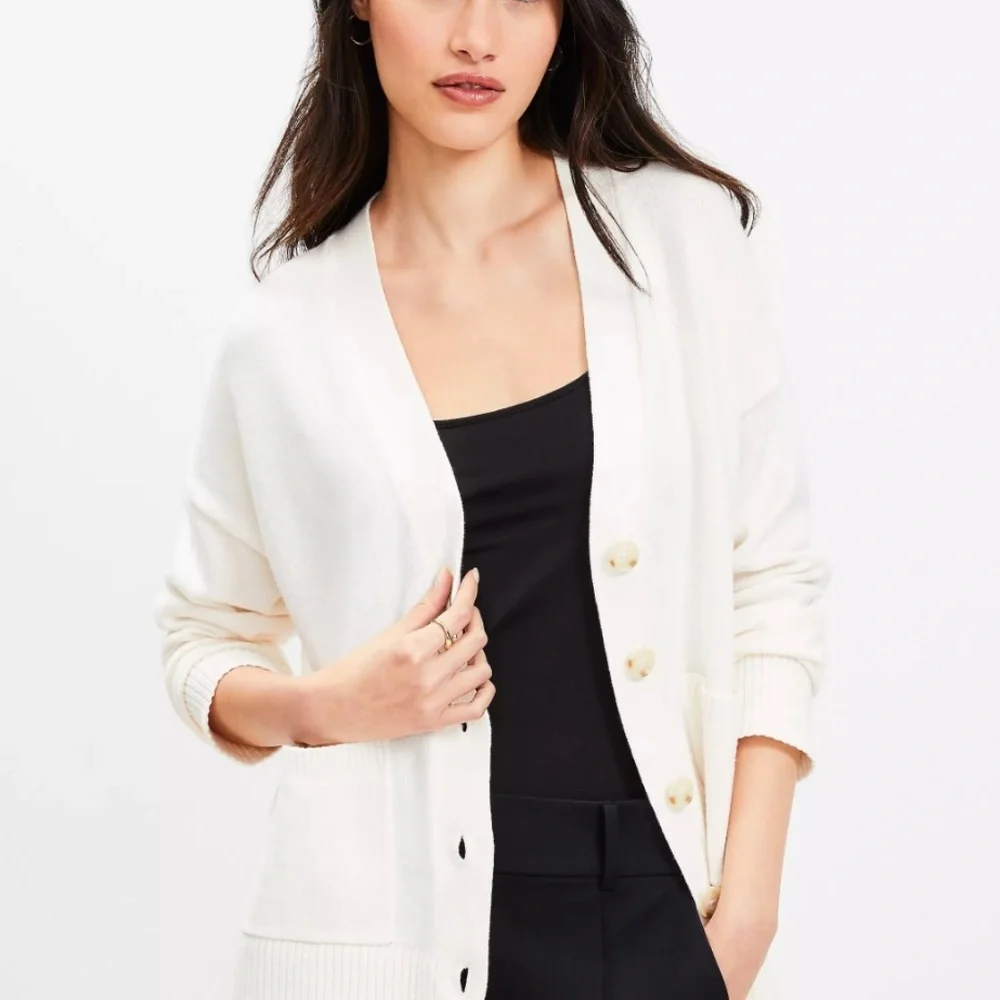 NWT LOFT XL White Navy Striped V-neck Women’s Cardigan Buttons Front Pockets - Picture 6 of 7